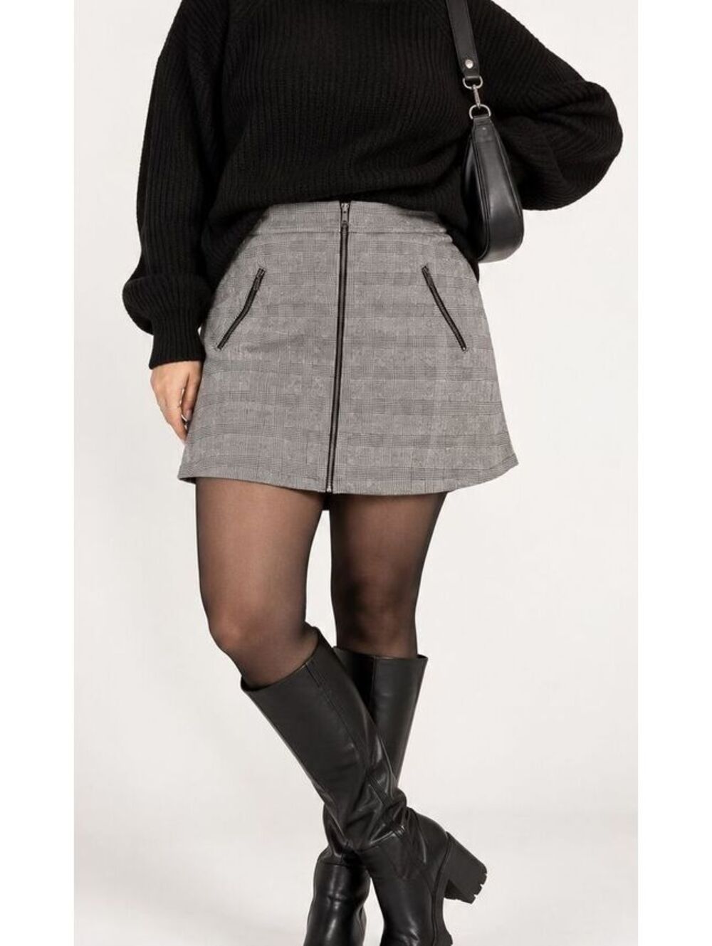 Houndstooth Plaid Mini Skirt Gray Zip Front Moto Punk Preppy Womens Plus Size 20